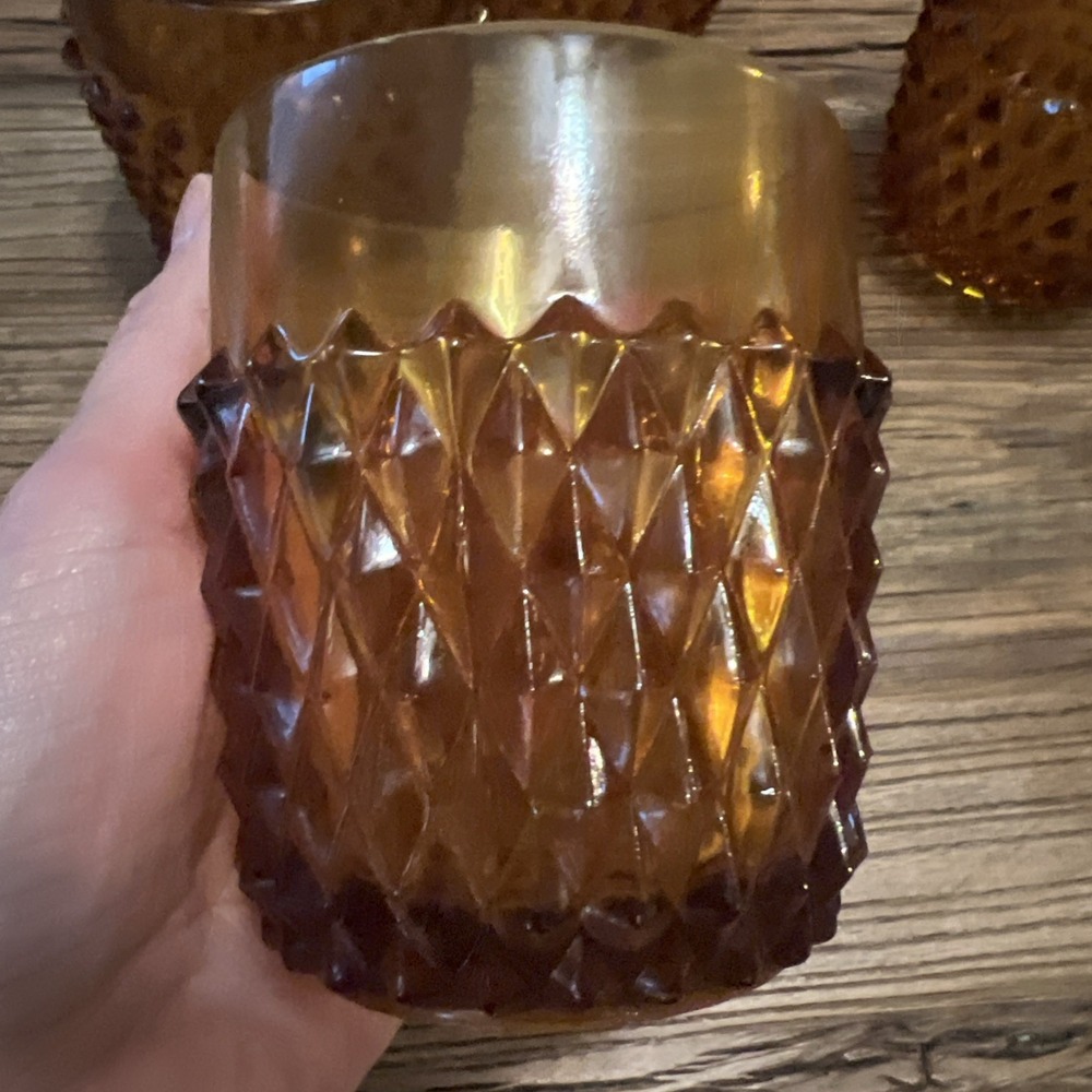 Vintage Indiana Glass Diamond Point Fkat Amber Tumblers, Set Of‎ 4, 3.5" Tall - Picture 3 of 6